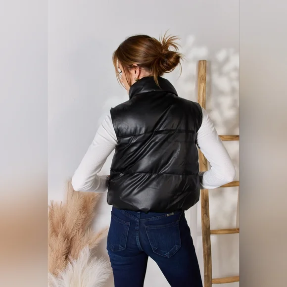 Love Tree Designer Black Faux Leather Snap and Zip Closure Puffy Vest Coat